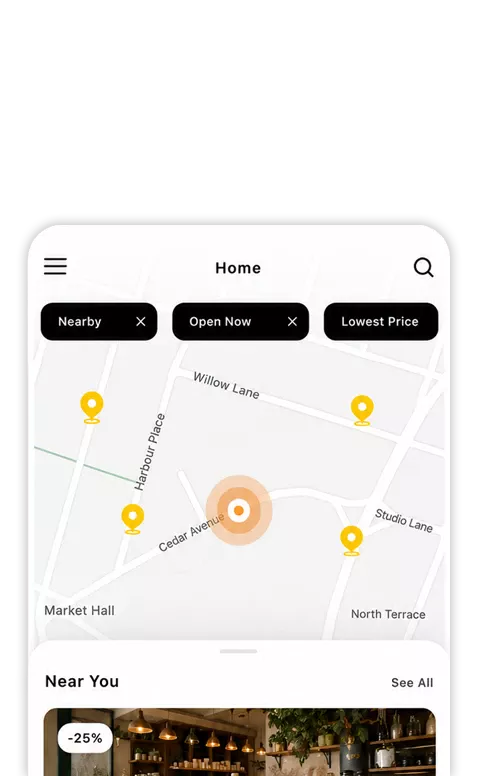 Mobile app screen showing a "Home" map view with location pins, filter tags for "Nearby," "Open Now," and "Lowest Price," and a "Near You" deals section below featuring a discounted listing.